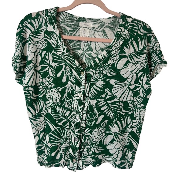 Joie Tops - Joie Linen Button Up Top Small Tropical Botanical Green White Short Sleeve